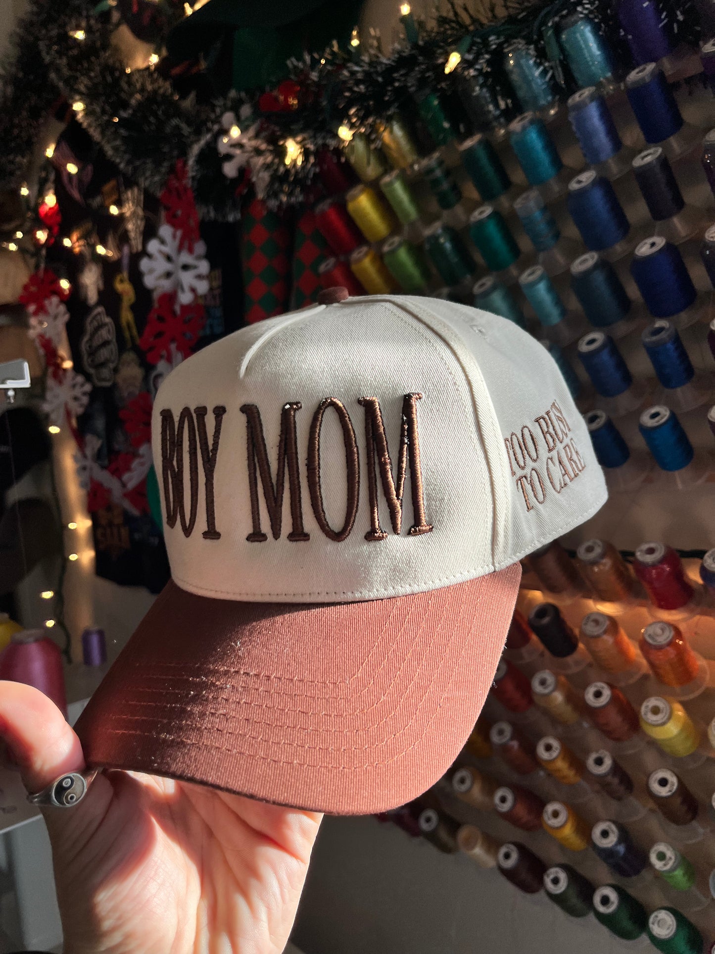 Boy or Girl Mom (Too Busy To Care) Puff Embroidered Trucker Hat (Customize Hat & Thread Colours)