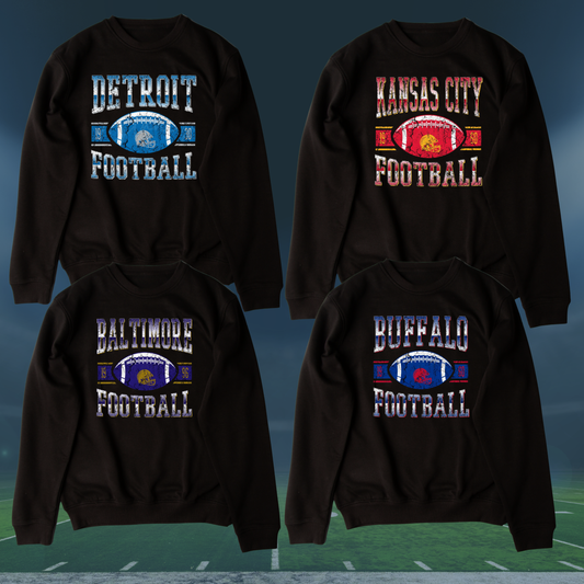 Vintage Distressed Football Crewneck (Black) — Choose Your NFL Team