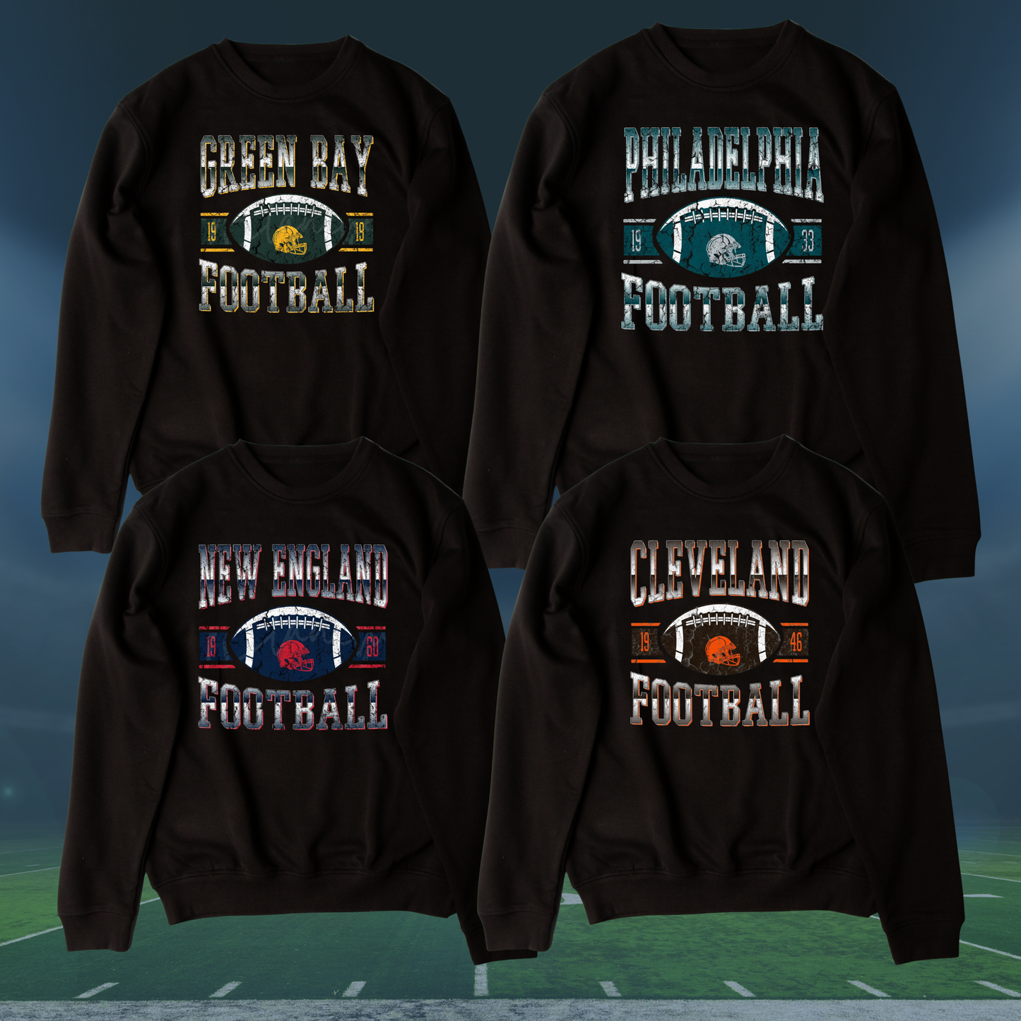 Vintage Distressed Football Crewneck (Black) — Choose Your NFL Team