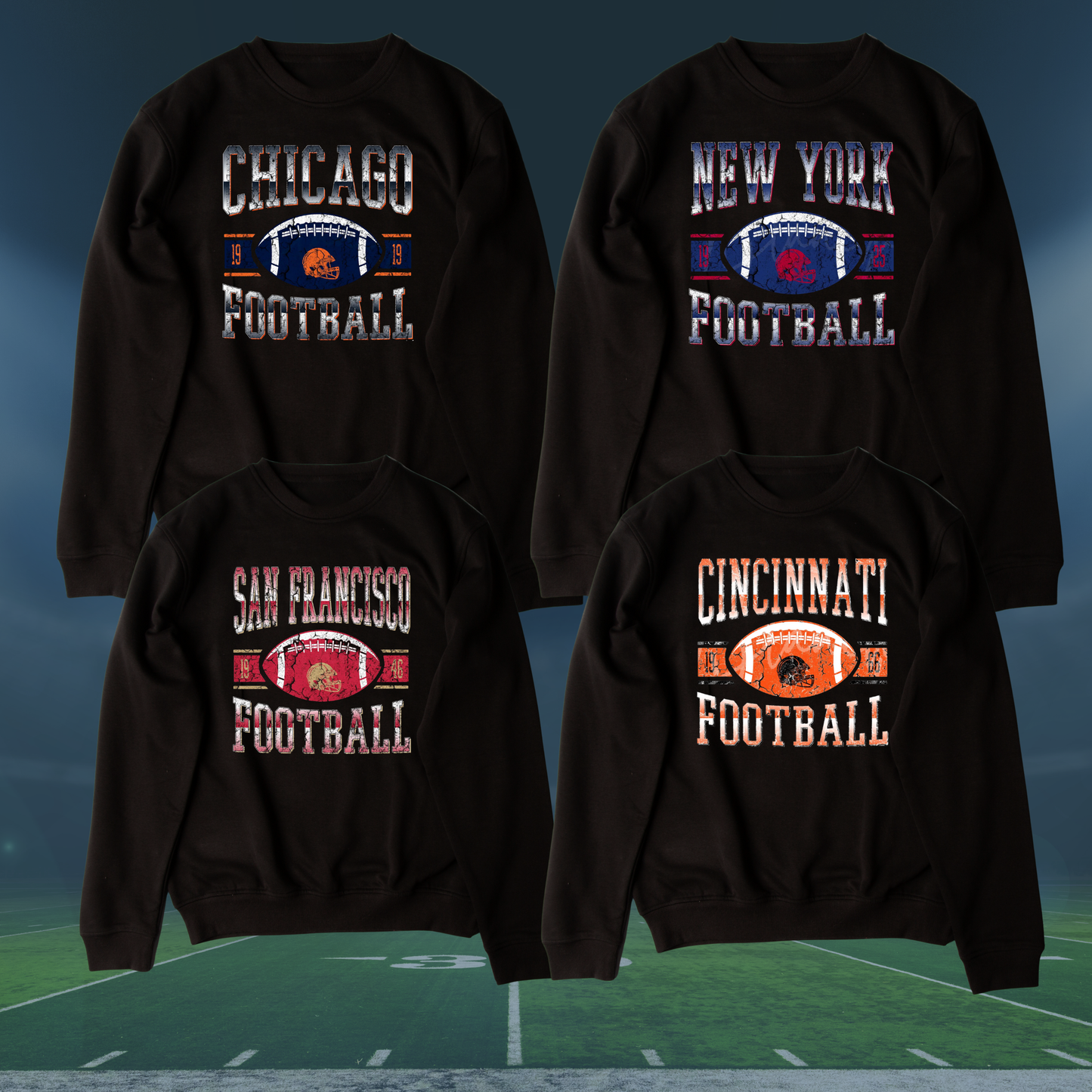 Vintage Distressed Football Crewneck (Black) — Choose Your NFL Team