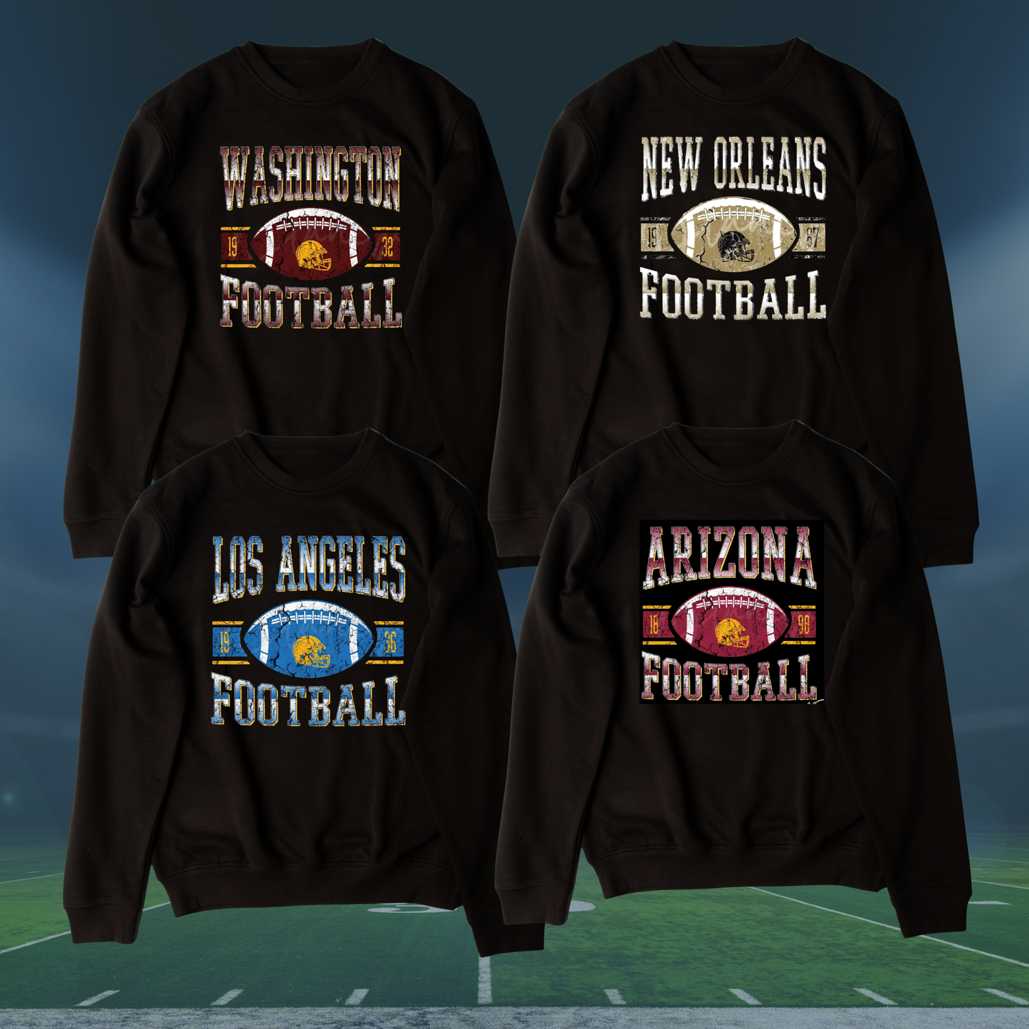 Vintage Distressed Football Crewneck (Black) — Choose Your NFL Team