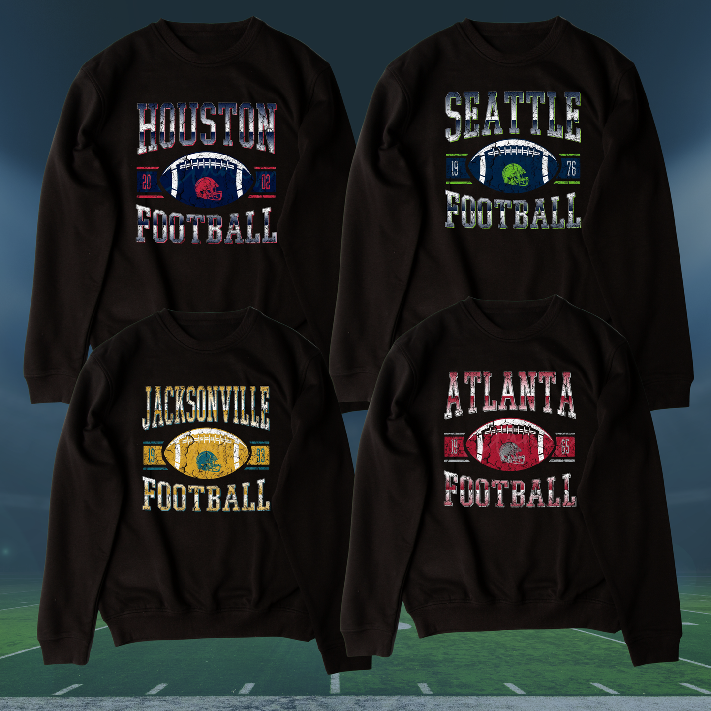 Vintage Distressed Football Crewneck (Black) — Choose Your NFL Team