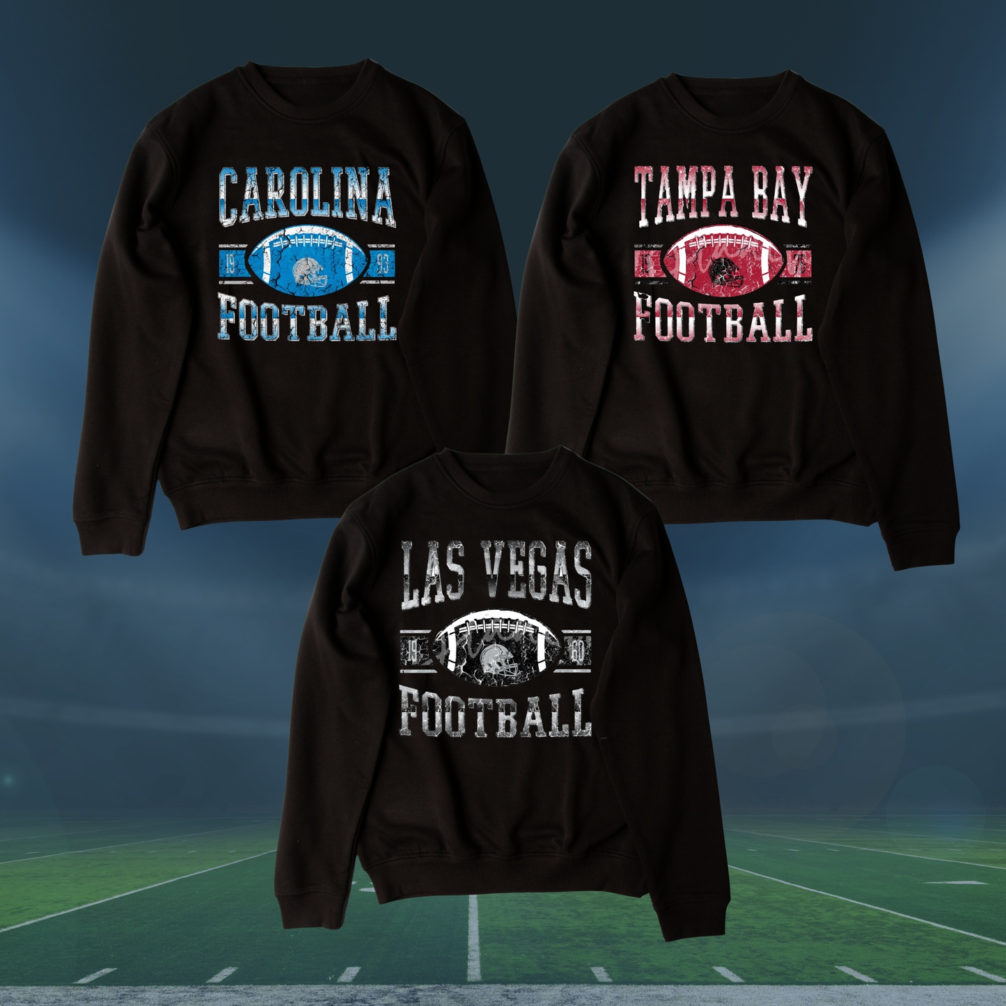 Vintage Distressed Football Crewneck (Black) — Choose Your NFL Team