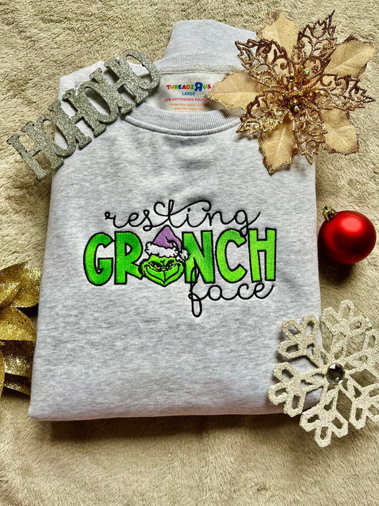 Resting Grinch Face Embroidered Sweater *Customizable*