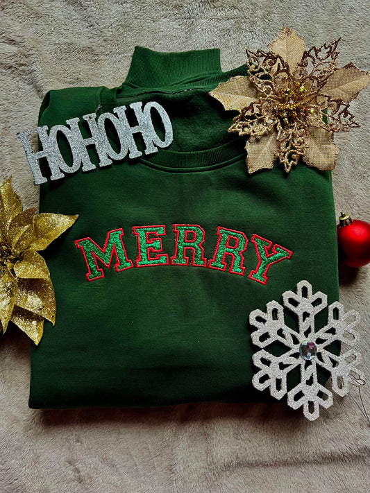 MERRY Green Glitter Appliqué Embroidered Sweater
