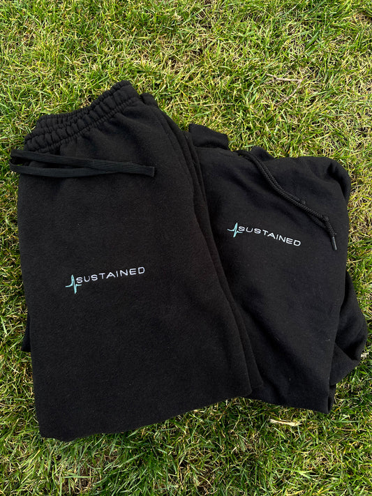 Sustained Logo Black Embroidered Sweatsuit Set (HOODIE)