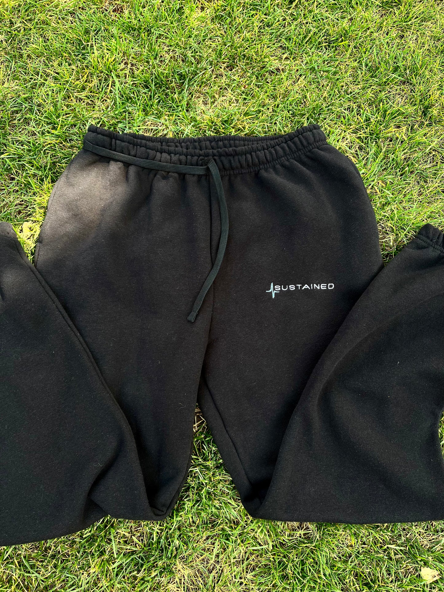 Sustained Logo Black Embroidered Sweatpants (Pockets & Drawstring)