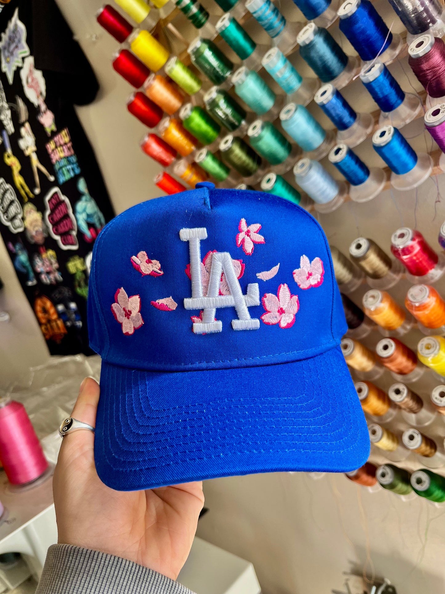 LA Baseball Cherry Blossom Embroidered Trucker Snapback Hat