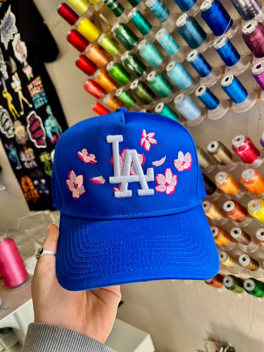 LA Baseball Cherry Blossom Embroidered Trucker Snapback Hat