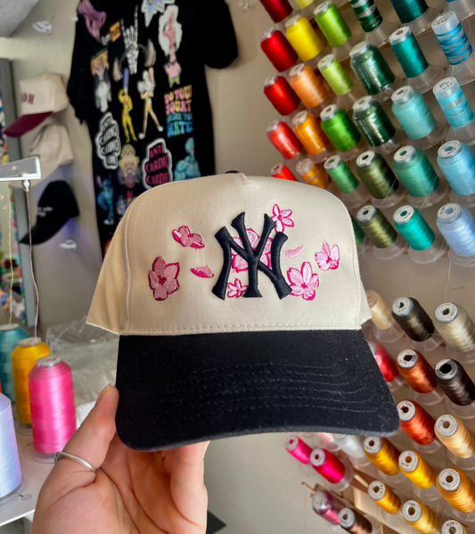 NY Baseball Cherry Blossom Embroidered Trucker Snapback Hat