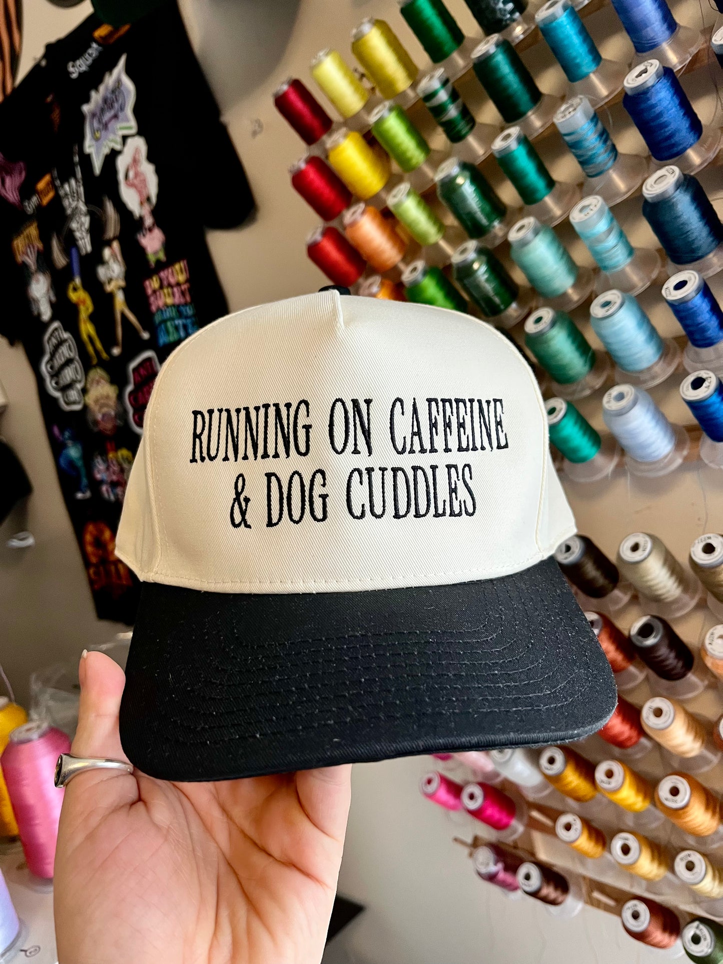 Running On Caffeine & Dog Cuddles Embroidered Trucker Hat (Customize Hat & Thread Colours)