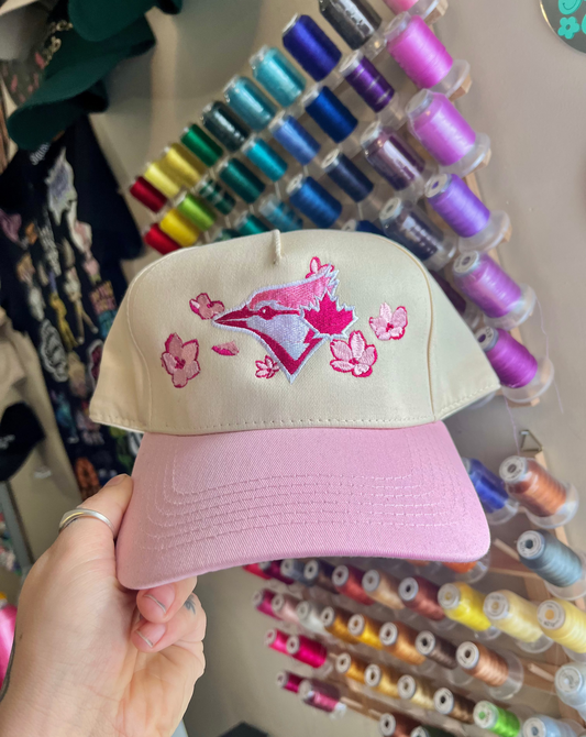 Pink Jays Cherry Blossom Embroidered Trucker Snapback Hat