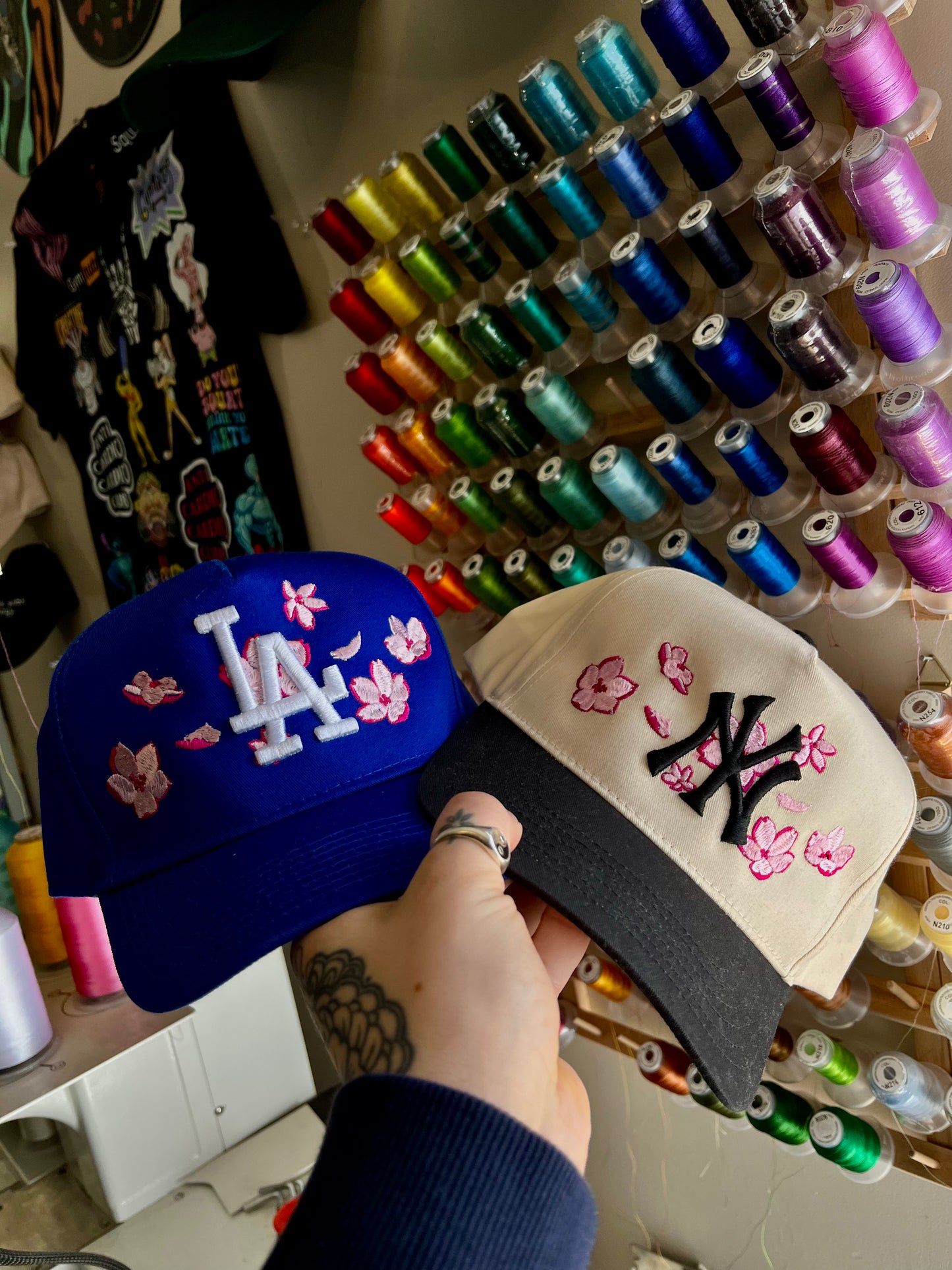 LA Baseball Cherry Blossom Embroidered Trucker Snapback Hat