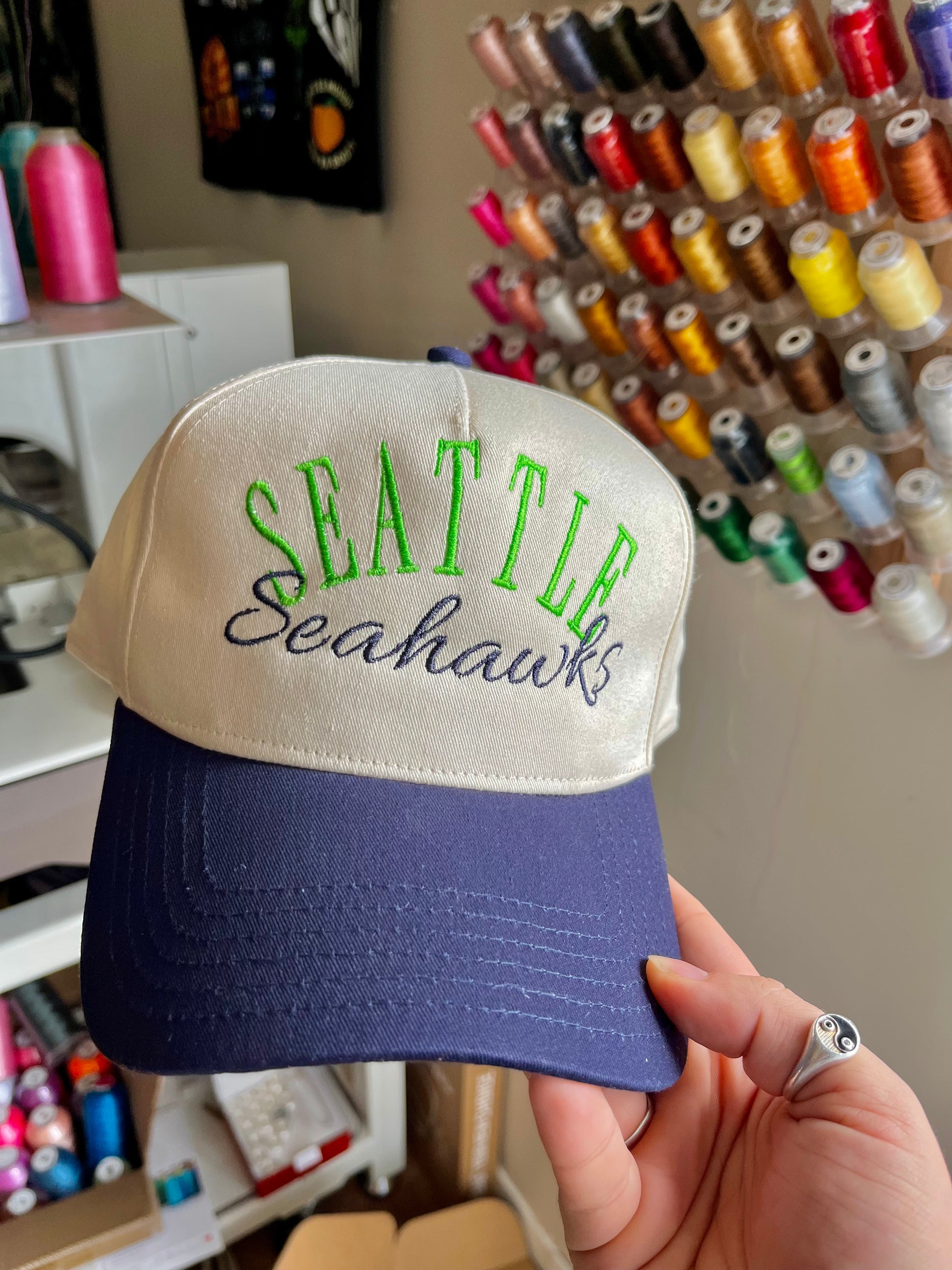 Nfl Script Hat NFL Team Script Trucker Hat (9 Hat Colours & Custom Thread Options ...
