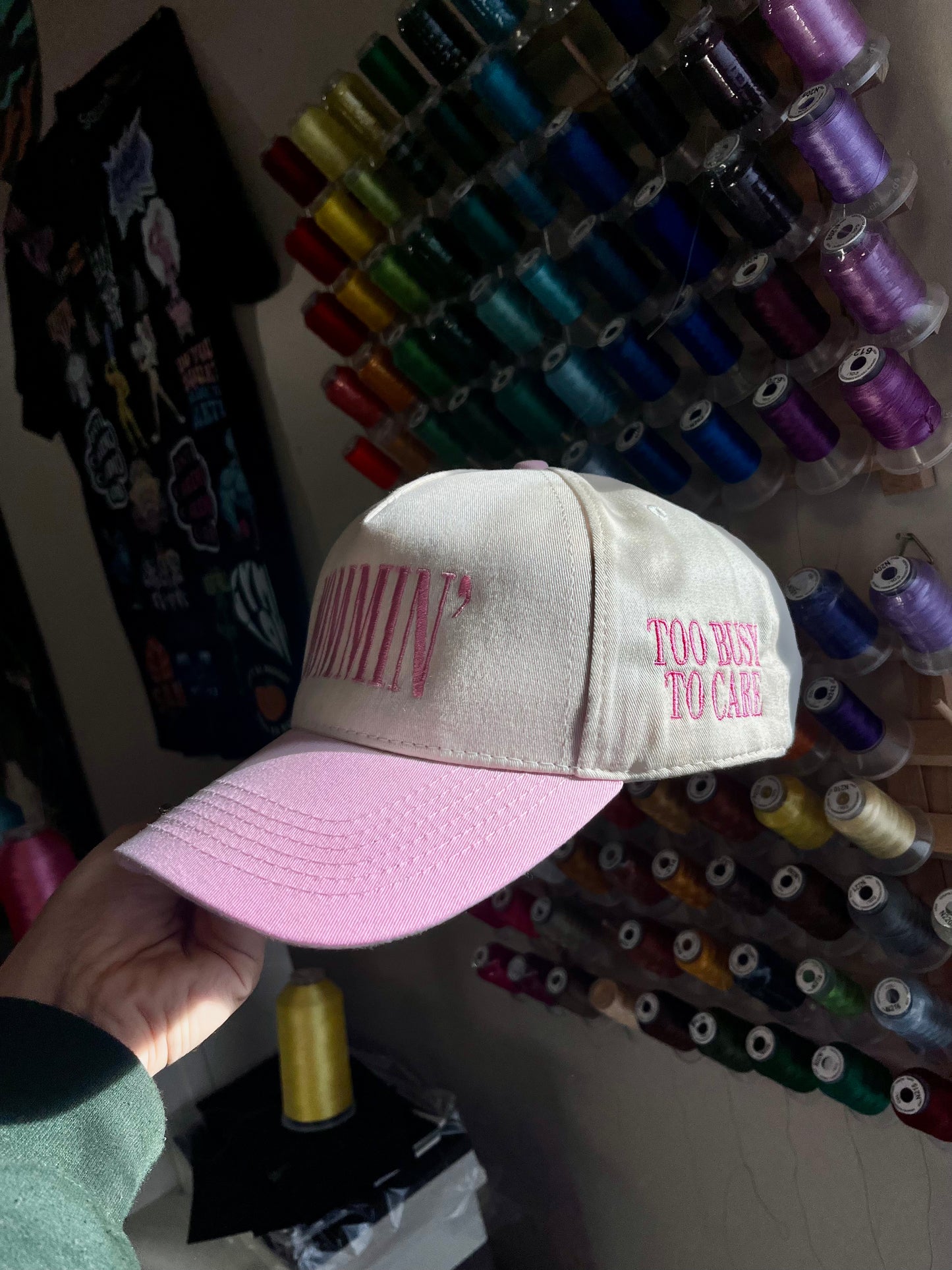 Mommin' (Too Busy To Care) Embroidered Trucker Hat (9 Hat Colours & Custom Thread Options)