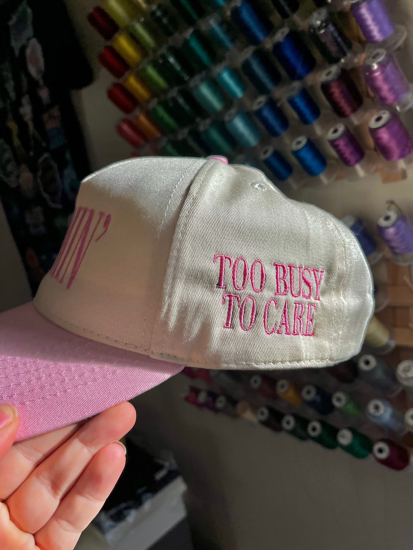 Mommin' (Too Busy To Care) Embroidered Trucker Hat (9 Hat Colours & Custom Thread Options)