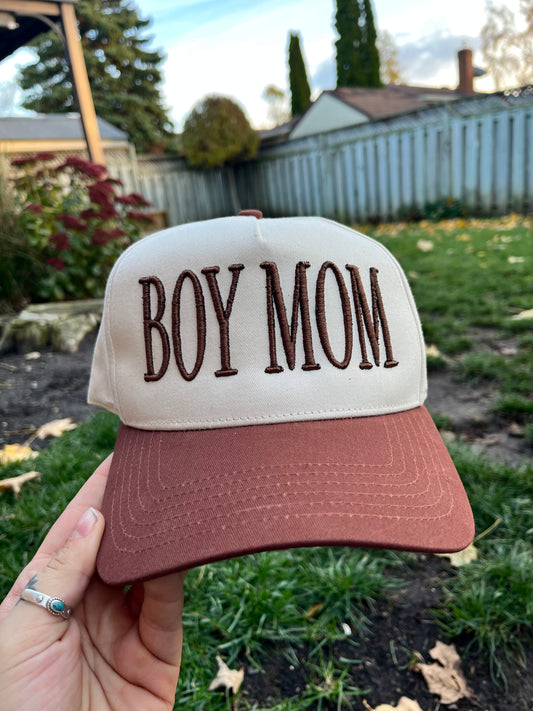 Boy Mom (Too Busy To Care) Puff Embroidered Trucker Hat (9 Hat Colours & Custom Thread Options) (Copy)