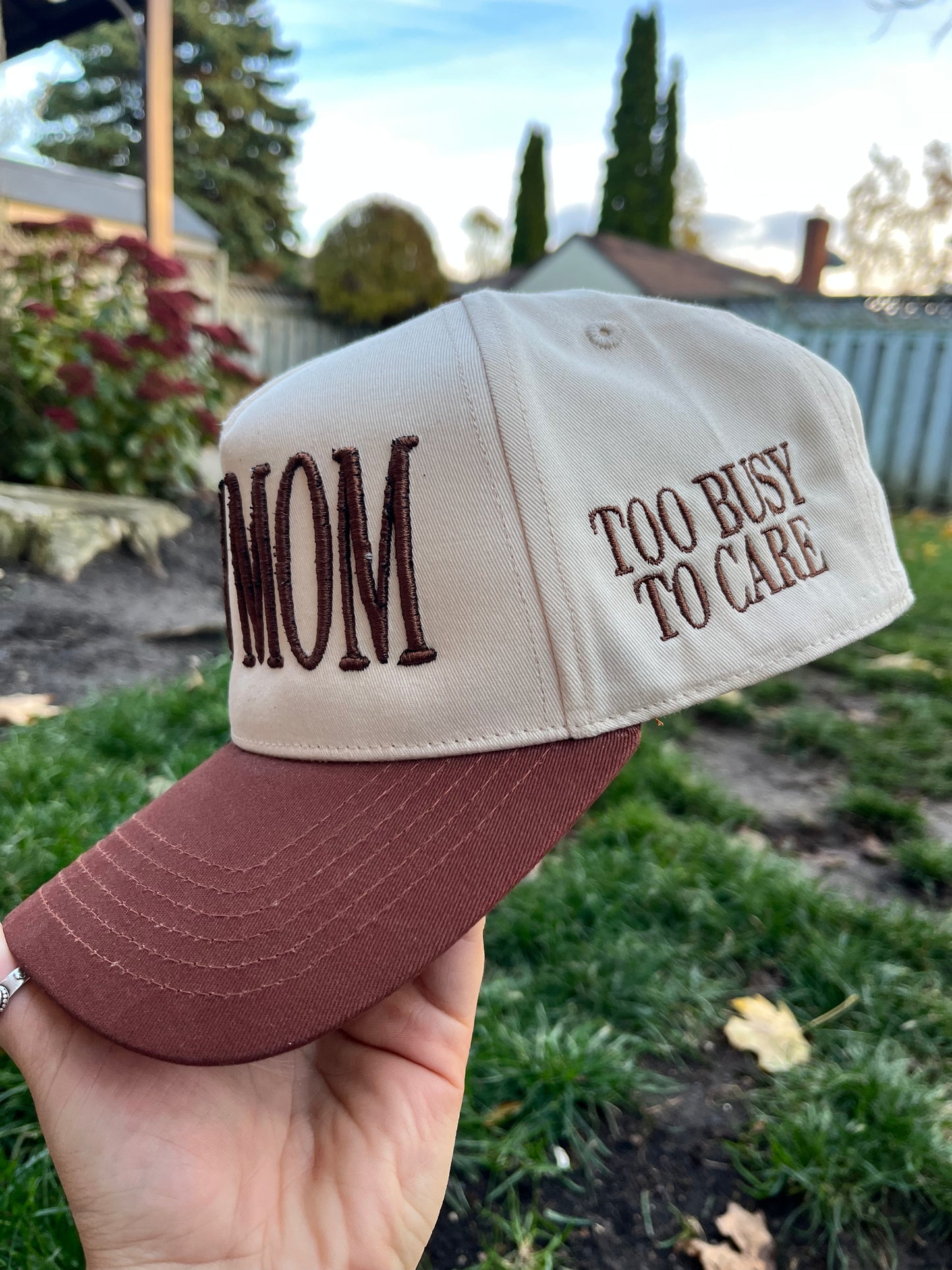 Boy Mom (Too Busy To Care) Puff Embroidered Trucker Hat (9 Hat Colours & Custom Thread Options) (Copy)
