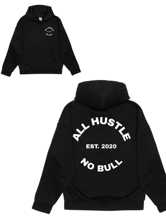 All Hustle No Bull Circle Logo Pressed Oversized Heavyweight Hoodie (Black)